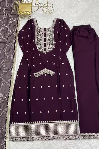Pure Blooming Rangoli Silk Fabric Straight Fit Embroidery Work Kurta With Dupatta And Trousers