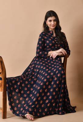 women's rayon long flared printed kurta in dark blue 1