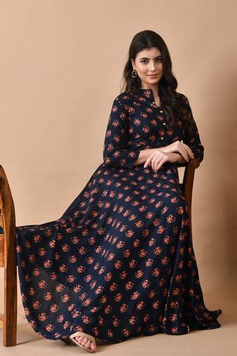 Ftdiva women's rayon long flared printed kurta in dark blue