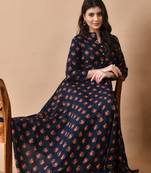 women's rayon long flared printed kurta in dark blue