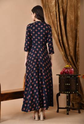 women's rayon long flared printed kurta in dark blue 2