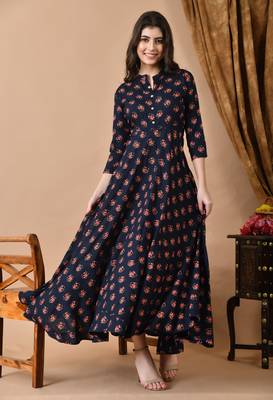 women's rayon long flared printed kurta in dark blue 3