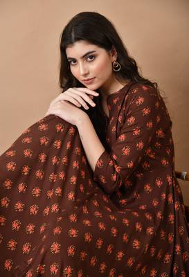 women's floral printed anarkali kurta in brown 1