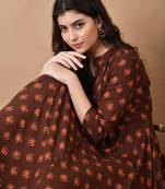 women's floral printed anarkali kurta in brown