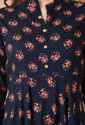 women's rayon long flared printed kurta in dark blue 4