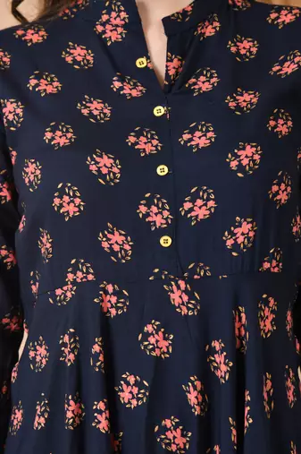 women's rayon long flared printed kurta in dark blue