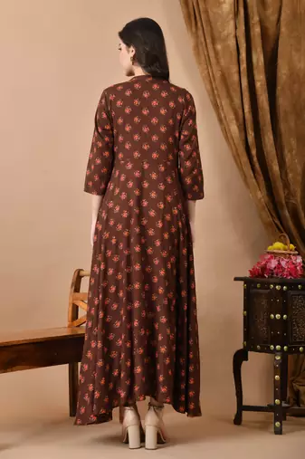 women's floral printed anarkali kurta in brown