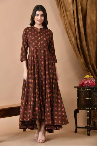 women's floral printed anarkali kurta in brown