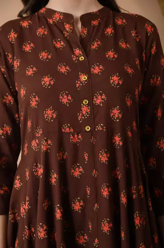 women's floral printed anarkali kurta in brown