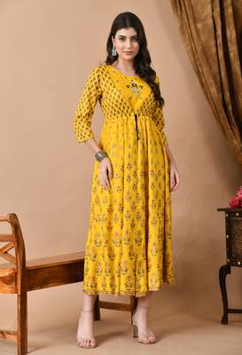 women's rayon embroidered anarkali dress in yellow 1