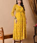 Ftdiva women's rayon embroidered anarkali dress in yellow