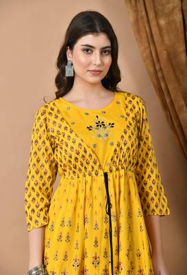 women's rayon embroidered anarkali dress in yellow 3