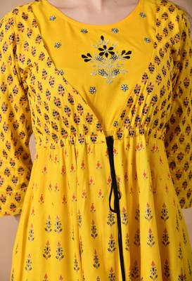 women's rayon embroidered anarkali dress in yellow 4