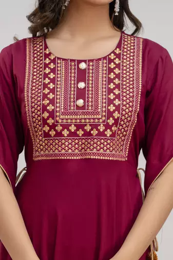 women's rayon embroidered anarkali kurta in maroon