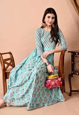 women's rayon printed anarkali long kurta in light green 1