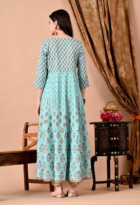 women's rayon printed anarkali long kurta in light green 2