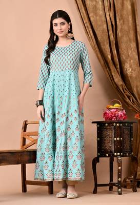 women's rayon printed anarkali long kurta in light green 3