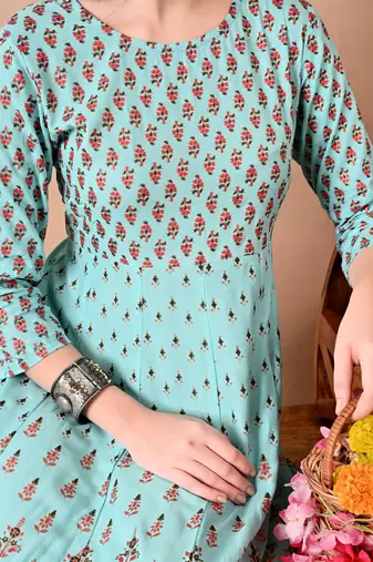women's rayon printed anarkali long kurta in light green