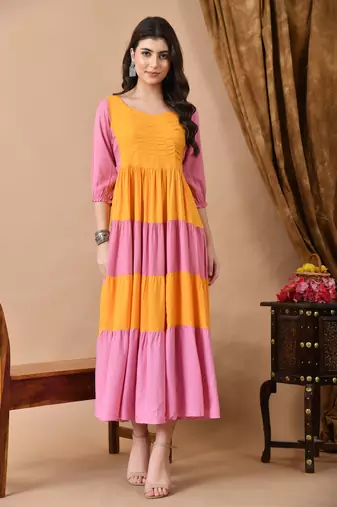 women's smocking printed anarkali kurta in pink