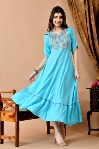 Ftdiva women's rayon embroidered anarkali kurta in blue