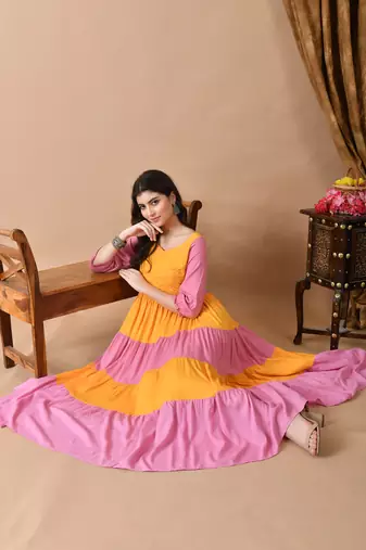women's smocking printed anarkali kurta in pink