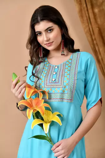 women's rayon embroidered anarkali kurta in blue
