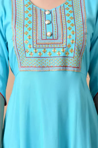 women's rayon embroidered anarkali kurta in blue