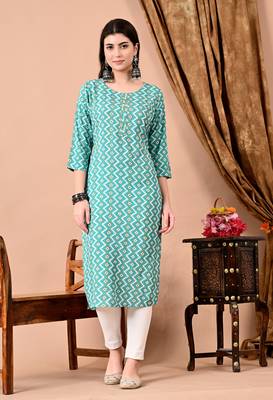 women's rayon zig-zag print straight kurti in light green 3