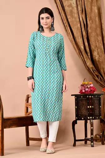 women's rayon zig-zag print straight kurti in light green
