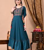women's rayon embroidered anarkali kurta in dark blue
