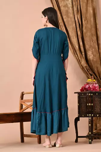 women's rayon embroidered anarkali kurta in dark blue