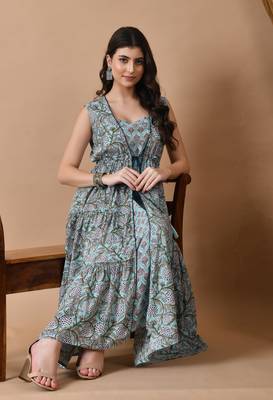 women's block printed frontslit anarkali kurta in lite blue 1