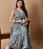 women's block printed frontslit anarkali kurta in lite blue