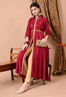 women's rayon embellished anarkali kurta in maroon 1