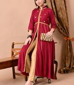 women's rayon embellished anarkali kurta in maroon