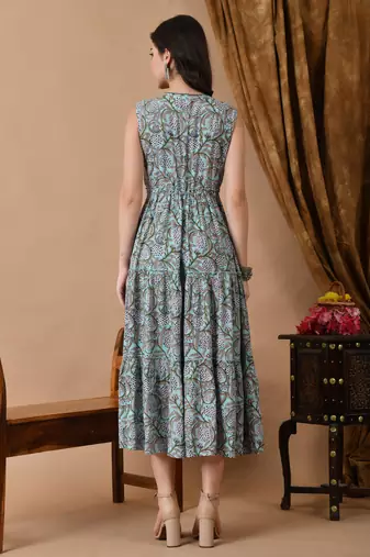 women's block printed frontslit anarkali kurta in lite blue