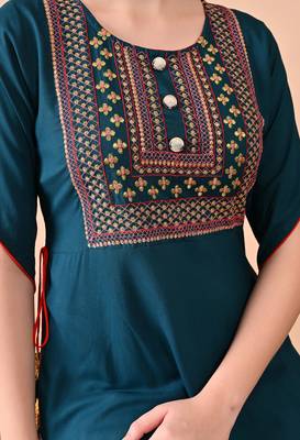 women's rayon embroidered anarkali kurta in dark blue 4