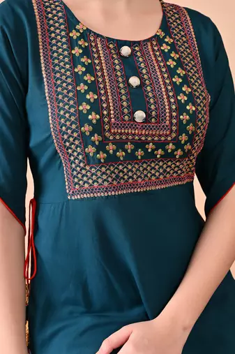 women's rayon embroidered anarkali kurta in dark blue
