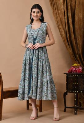 women's block printed frontslit anarkali kurta in lite blue 3