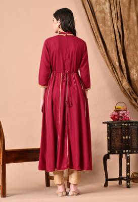women's rayon embellished anarkali kurta in maroon 2