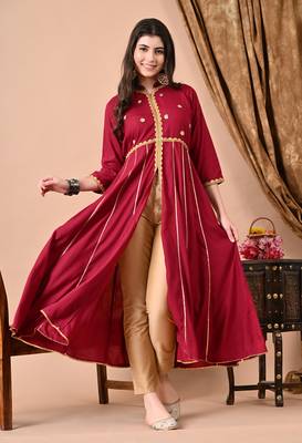 women's rayon embellished anarkali kurta in maroon 3