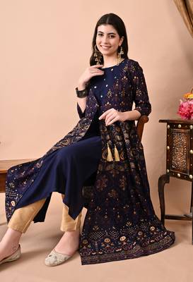 Navy Blue Rayon Multicolor Printed Kurti Set 1