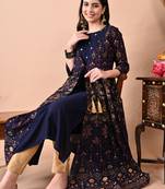 Navy Blue Rayon Multicolor Printed Kurti Set