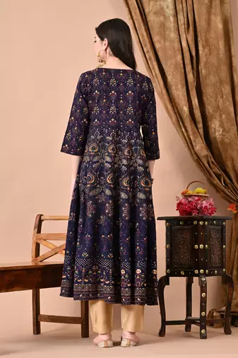 Navy Blue Rayon Multicolor Printed Kurti Set