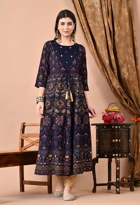 Navy Blue Rayon Multicolor Printed Kurti Set 3