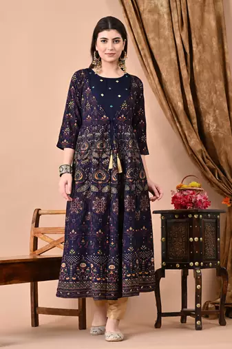 Navy Blue Rayon Multicolor Printed Kurti Set