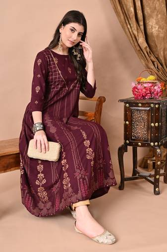 Ftdiva women's rayon  ethnic motifs printed anarkali kurta in purple