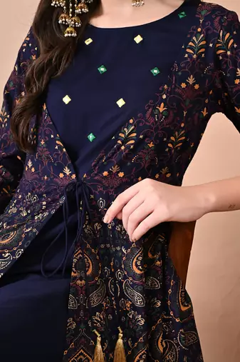 Navy Blue Rayon Multicolor Printed Kurti Set