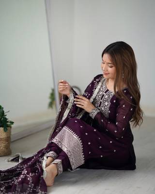 Pure Blooming Rangoli Silk Fabric Straight Fit Embroidery Work Wine Kurta With Dupatta And Trousers 1