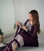 Pure Blooming Rangoli Silk Fabric Straight Fit Embroidery Work Wine Kurta With Dupatta And Trousers